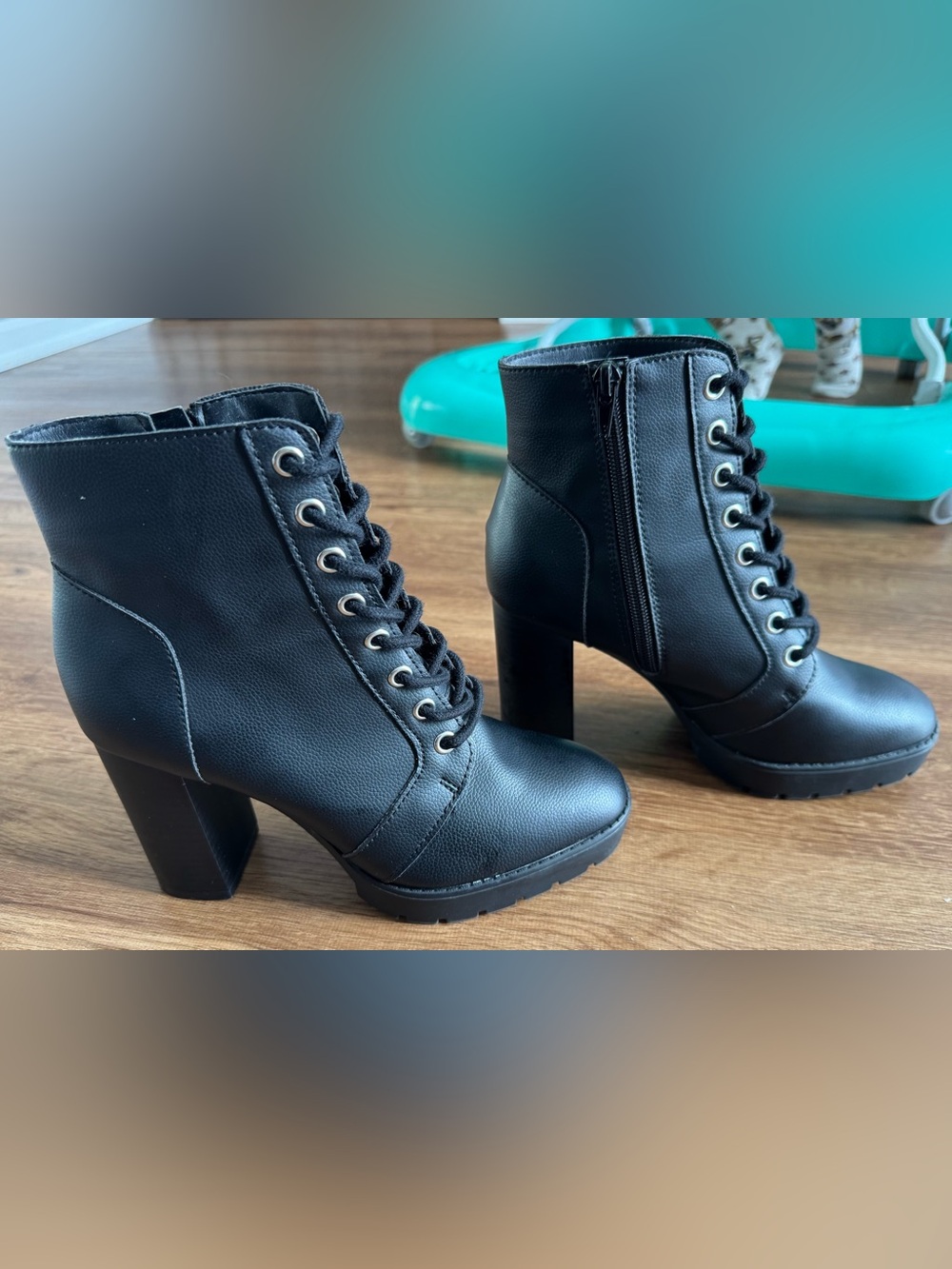 Primark Black Lace-Up Block Heel Ankle Boots